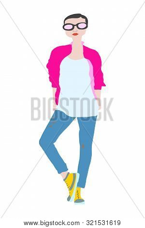 Model Posing. Beautiful Young Woman In Poncho And Fashionable Sneakers. Exclusive Print Clothes. . H