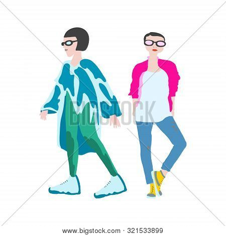 Vector Set With Fashionable Girls. Elegant, Stylized Illustrations Of Fashion Models. Exclusive Fash