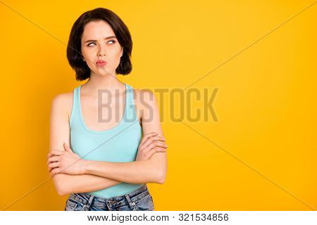 Photo Of Style Stylish Trendy Cute Charming Pensive Girl Wearing Heans Denim While Isolated With Yel