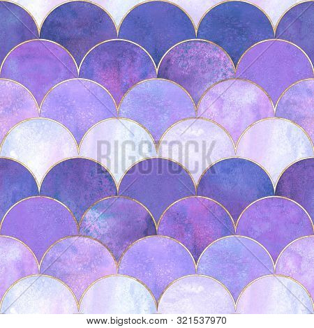 Mermaid Fish Scale Wave Japanese Magic Seamless Pattern. Watercolor Hand Drawn Purple Color Backgrou
