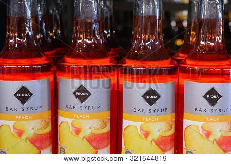 Tyumen, Russia-avg 25, 2019: Products Of Hypermarket Sale Rioba Syrup Beverages In The Store Metro C