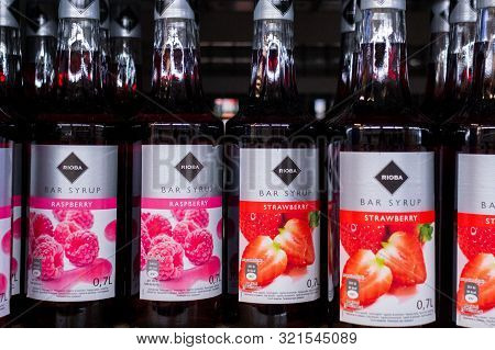 Tyumen, Russia-avg 25, 2019: Products Of Hypermarket Sale Rioba Syrup Beverages In The Store Metro C