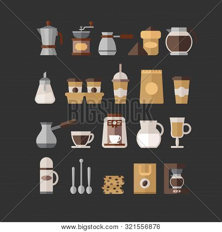 Coffee Set Of Vector Objects. Ready For Restaraunt Or Cafe And For Food Design. Coffee Various Items