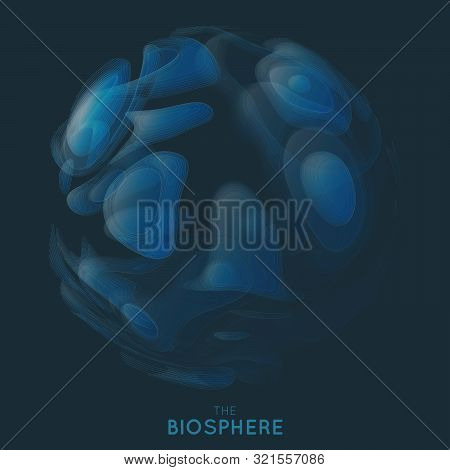 Blue Biosphere Vector Illustration. Abstract Organic Sphere. Liquid Shape With Outlines. Strange Tra