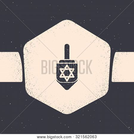Grunge Hanukkah Dreidel Icon Isolated On Grey Background. Monochrome Vintage Drawing. Vector Illustr
