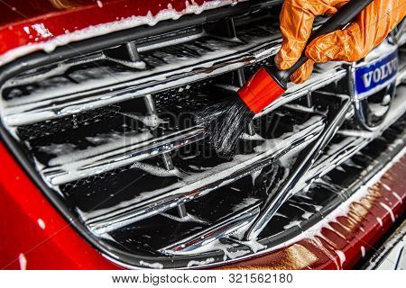 Sankt-petersburg, Russia - April 23 2017: Close-up Of A Volvo Cars Manufacturing Logo On The Modern 