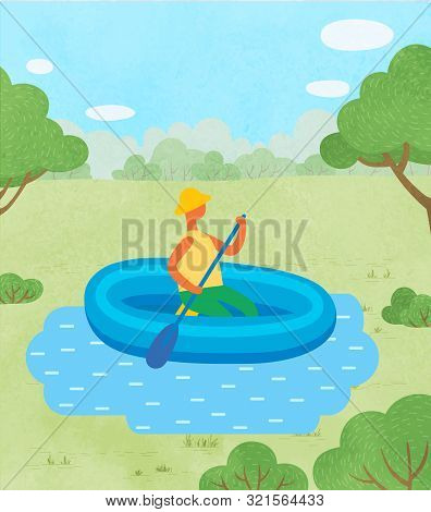 Kayaking Sport Or Hobby, Man In Inflatable Boat With Oar Vector. Guy In Hat Swimming In Pond Or Lake