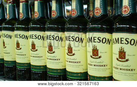 Tyumen, Russia-avg 25, 2019: Products Of Hypermarket Sale Jameson Beverages In The Store Metro Cash 