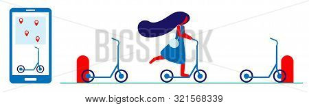 Scooter Sharing Via Phone. Scooter Rental In The City On Time. Girl On A Scooter And The Rental Proc