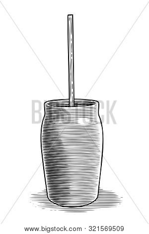 Woodcut Illustration Of An Antique Butter Churn.