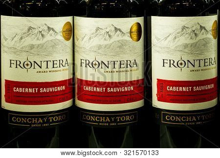 Tyumen, Russia-avg 25, 2019: Concha Y Toro Wine From Chile Frontera Wine Wine Sale Products Of Hyper