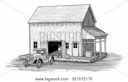 Woodcut Illustration Of A Man Loading A Truck That Is Backed Up To An Old Loading Dock.
