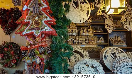 Bozen, Italy - December 2, 2018: Multicolored Christmas Decorations In Bozen Christkindlmarkt