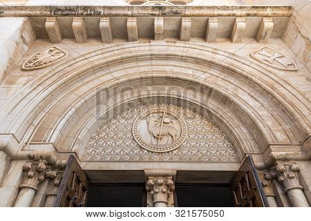 Jerusalem, Israel, September 07, 2019 : The Coat Of Arms Decorated Entrance To The Lutheran Church O