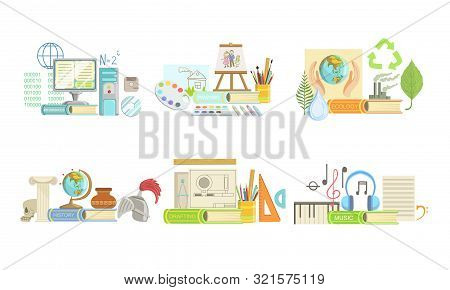 School Subjects Set, Informatics, Ecology, Drafting, Painting, Geography, History, Music Vector Illu