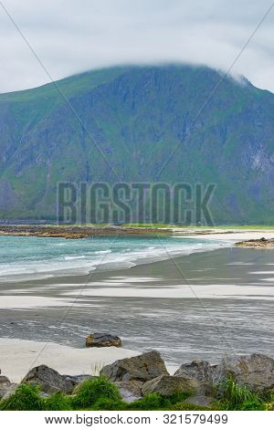 Sea Coastline And Ramberg Beach On Flakstadoy. Nordland County, Lofoten Norway.