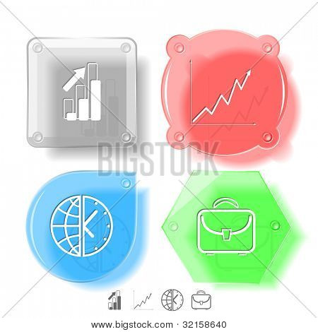 Affaires jeu d'icônes. Porte-documents, globe et horloge, schéma. Boutons de verre. Illustration de la trame.
