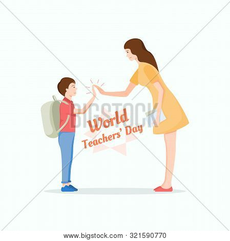Young Teacher Giving High Five To A Cute Student.