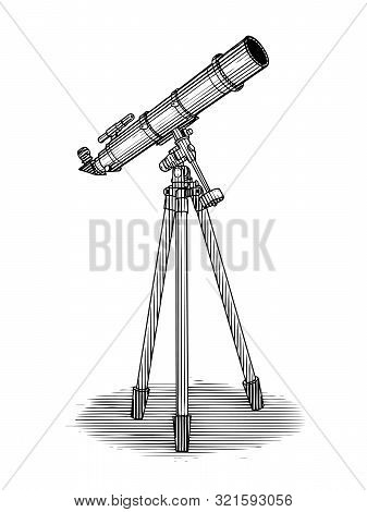 Woodcut Illustration Of A Telescope Isolated On White.