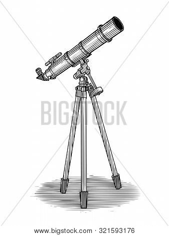 Woodcut Illustration Of A Telescope Isolated On White.