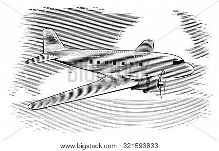 Woodcut Style Illustration Of A Vintage Airplane With Clouds In The Background.