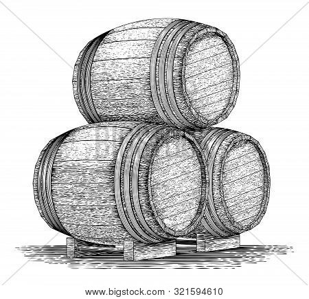 Woodcut-style Illustration Of A Stack Of Wooden Barrels.