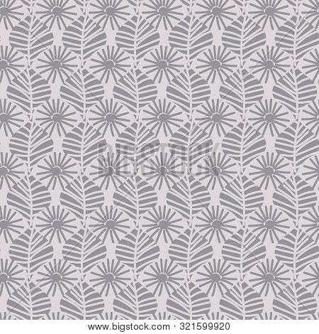 A Seamless Vector Pattern With Simple Leaves And Flowers In Grey Colors. Surface Print Design.