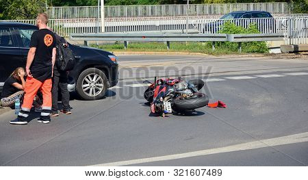 Warsaw, Poland. 11 September 2019. Motorcycle Accident On The Road. Detail Of A Motorcycle Accident