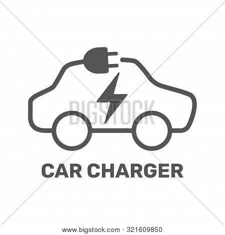 Electric Car Icon. Electric Car Charging Station. Silhouette Electric Car In Form Of Cable With Plug
