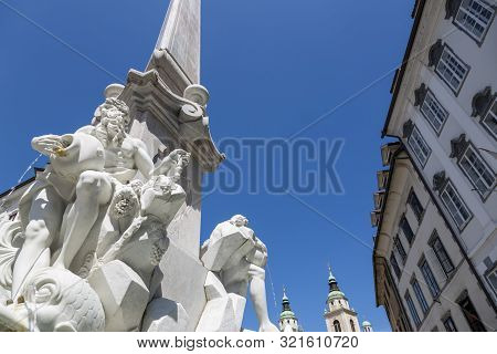 Ljubljana, Slovenia - August 15, 2019: The Fountain Of Three Carniolan Rivers In Ljubljana. The Foun