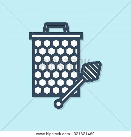Blue Line Honeycomb With Honey Dipper Stickicon Isolated On Blue Background. Honey Ladle. Honey Cell