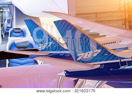 Boeing 777-x Model Exhibition On Display. Russia, Moscow Region Zhukovsky, Airport Ramenskoe. Aviasa