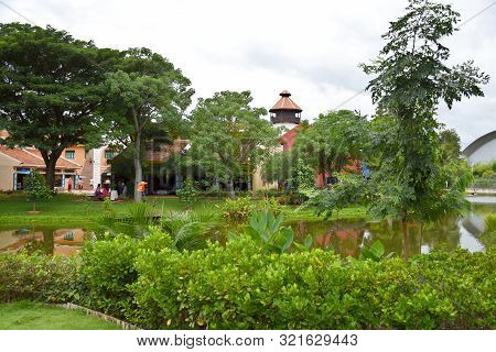 Kanchanaburi, Thailand, 09.09.2019: Beautiful Garden, Lake, Traditional Thai, Siamese Clothes, Build