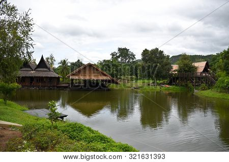 Kanchanaburi, Thailand, 09.09.2019: Beautiful Garden, Lake, Traditional Thai, Siamese Clothes, Build