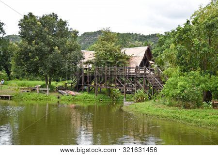 Kanchanaburi, Thailand, 09.09.2019: Beautiful Garden, Lake, Traditional Thai, Siamese Clothes, Build