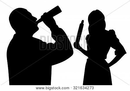 Husband Drinking Alcohol From Bottle And Angry Wife Holding Rolling Pin. Family Problem Alcoholism.