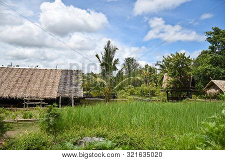 Kanchanaburi, Thailand, 09.09.2019: Beautiful Garden, Lake, Traditional Thai, Siamese Clothes, Build