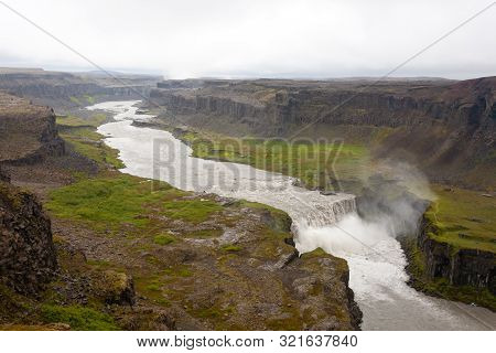 Hafragilsfoss Falls In Summer Season View, Iceland. Icelandic Landscape.
