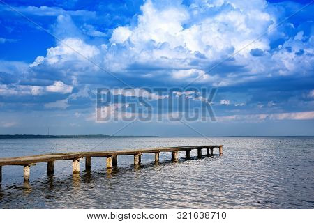 Panoramic Sky Over Naroch Lake And Pier. Belorussia