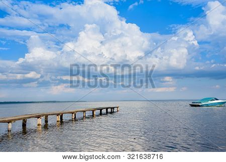 Panoramic Sky Over Naroch Lake And Pier. Belorussia