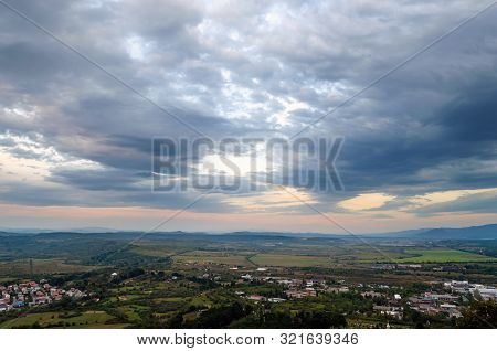 Top View On The Evening City Of Khust, Transcarpathia Ukraine