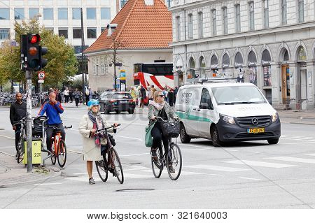 Copenhagen, Denmark - September 4, 2019: Traffic Liggt At An Intersection Near Norreport Station Sho