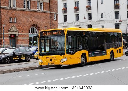 Copenhagen, Denmark - September 4, 2019: Yellow City Bus In Service On Line 34 With Destionation Bel