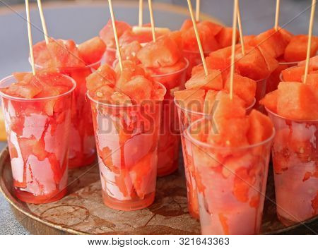 Red Pieces Of Watermelon For Sale In Summer