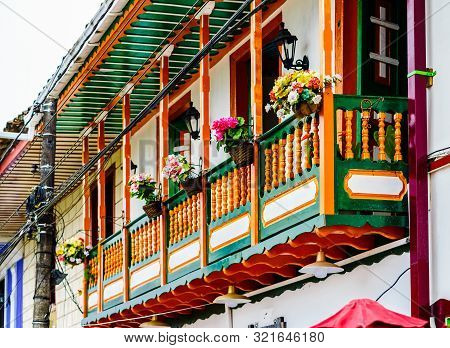 View On Colourful Colonial Style Wooden Balconies In Filandia Colombia
