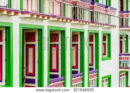 View On Colourful Colonial Style Wooden Building In Filandia Colombia