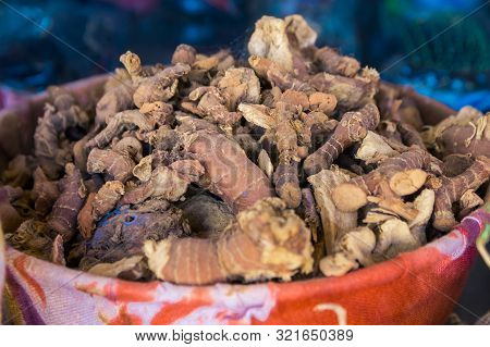 Background Of Ginger Roots In Wicker Basket