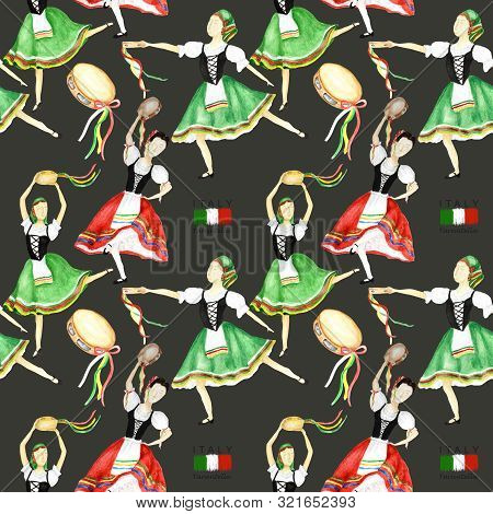 Seamless Pattern Dancers In National Costume An Italian Tarantella With A Tambourine On Gray Backgro