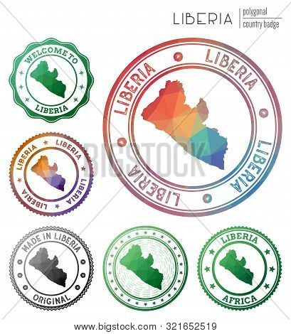 Liberia Badge. Colorful Polygonal Country Symbol. Multicolored Geometric Liberia Logos Set. Vector I