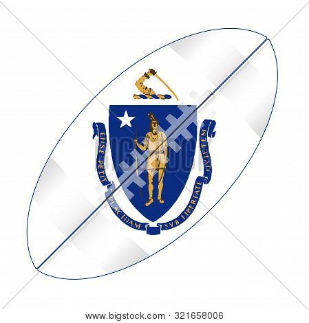 A Typical American Type Foorball Over A White Background With The Flag Of Massachusetts